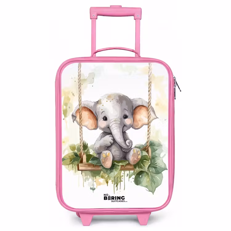 Children's suitcase - Pink - Young elephant on a swing watercolor drawing — 1