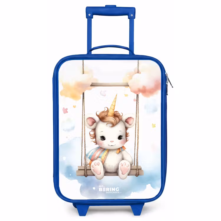 Children's suitcase - Blue - White baby unicorn on a swing in the clouds — 1