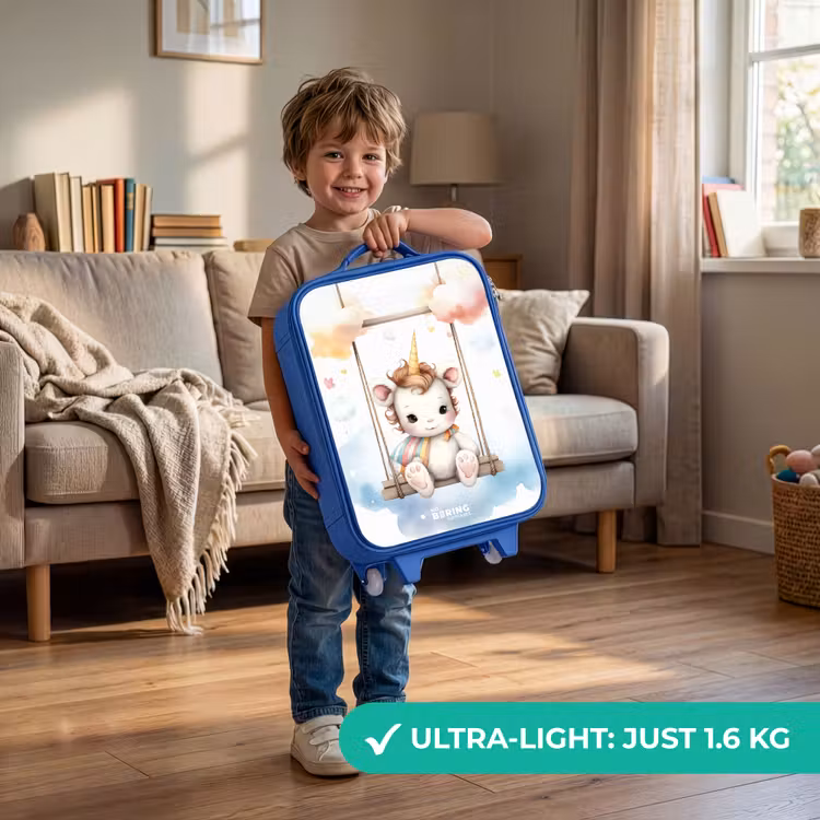 Children's suitcase - Blue - White baby unicorn on a swing in the clouds — 3