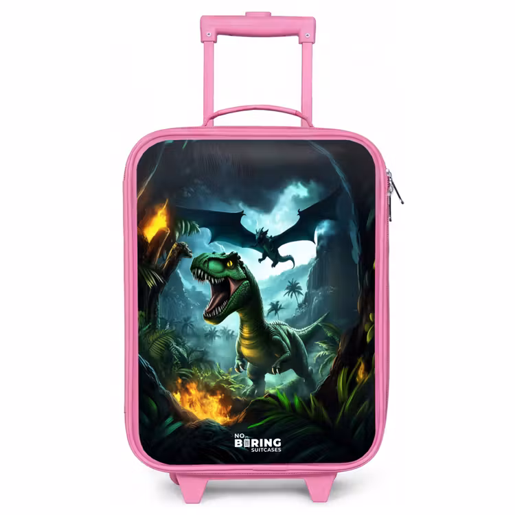 Children's suitcase - Pink - Dinosaur and dragon in fiery jungle valley — 1
