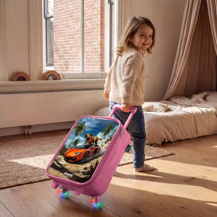 Children's suitcase - Pink - Red sports car with dino races through tropical beach — 2