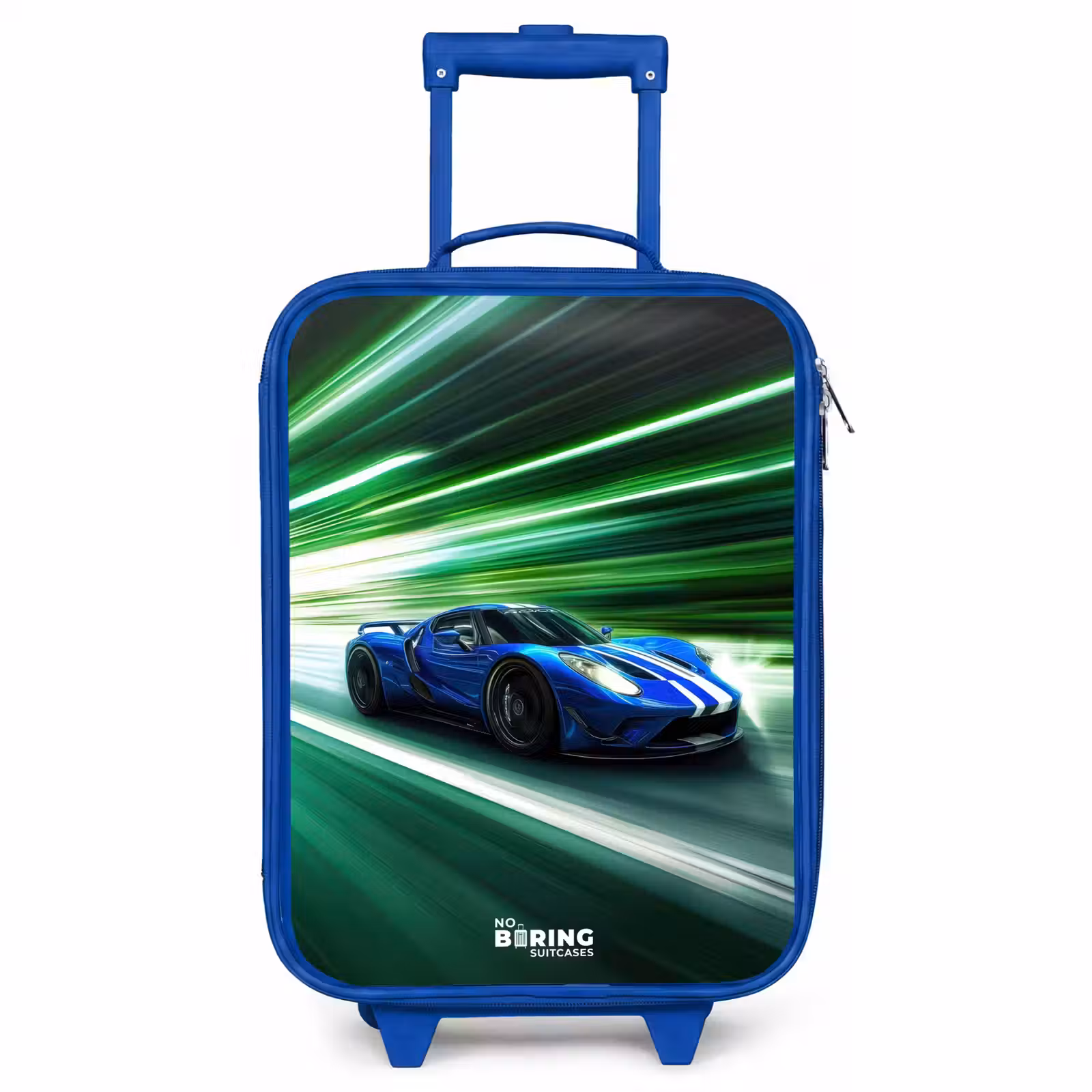 Children's suitcase - Blue - Blue race car with stripes in green tunnel — 1