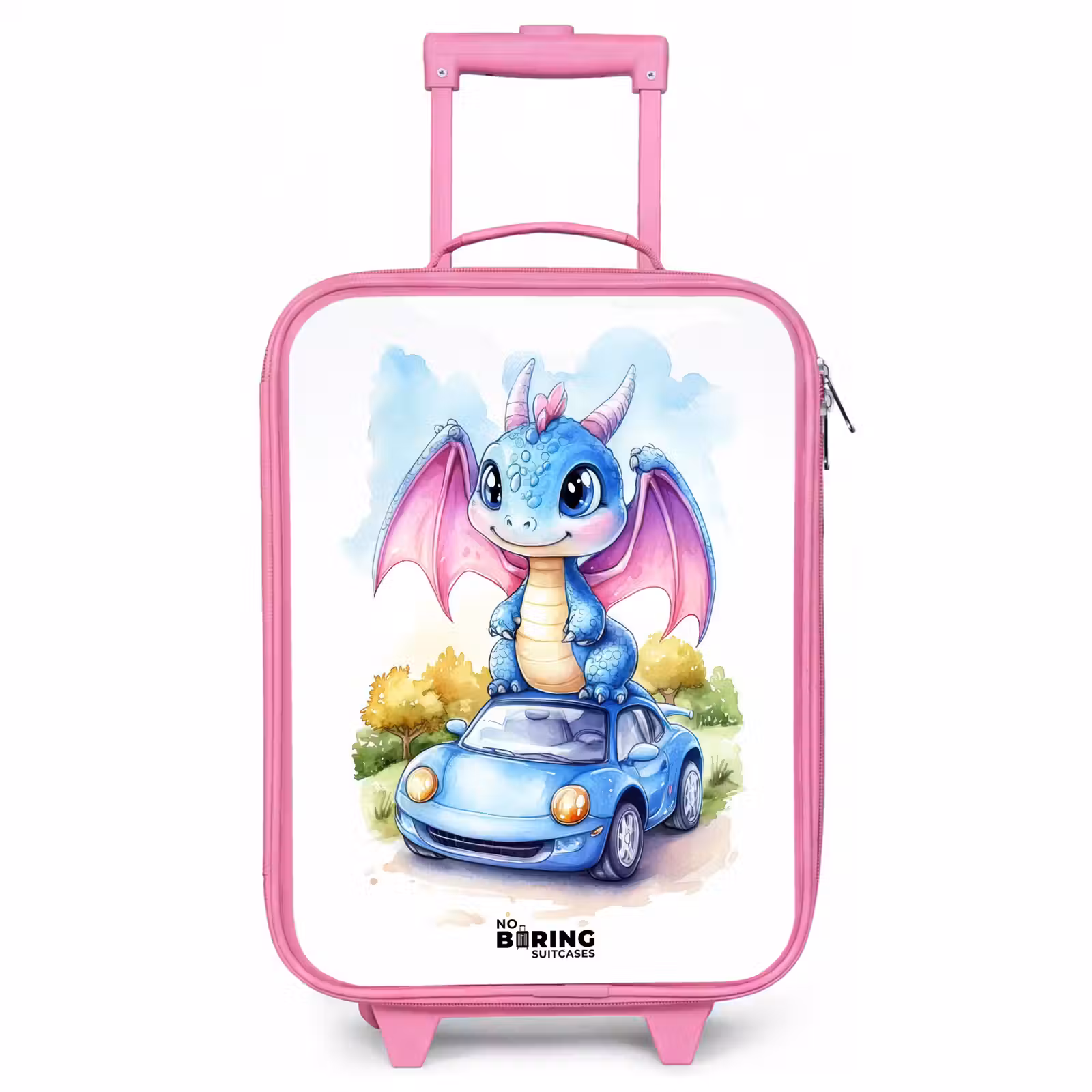 Children's suitcase - Pink - Baby dragon on blue car in wooded landscape — 1
