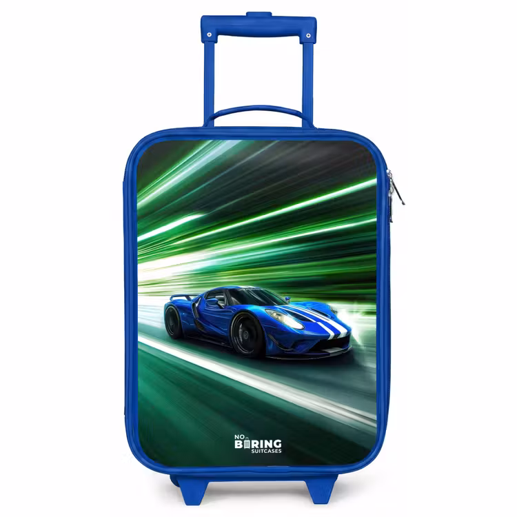 Children's suitcase - Blue - Blue race car with stripes in green tunnel — 1