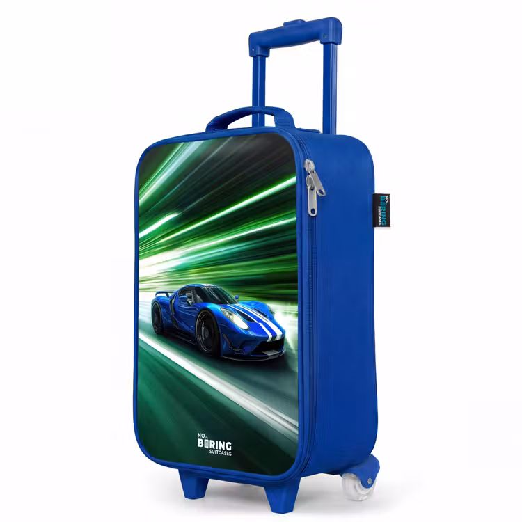 Children's suitcase - Blue - Blue race car with stripes in green tunnel — 5