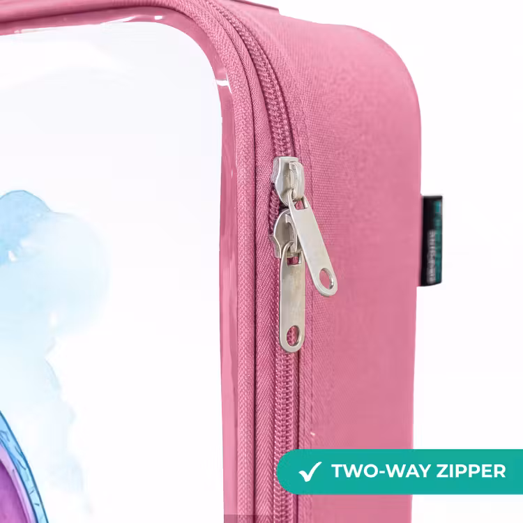 Children's suitcase - Pink - Baby dragon on blue car in wooded landscape — 4