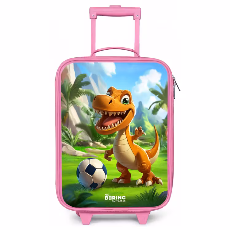 Children's suitcase - Pink - Dino with a soccer in green landscape — 1