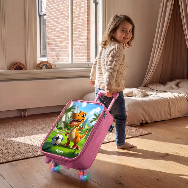Children's suitcase - Pink - Dino with a soccer in green landscape — 2