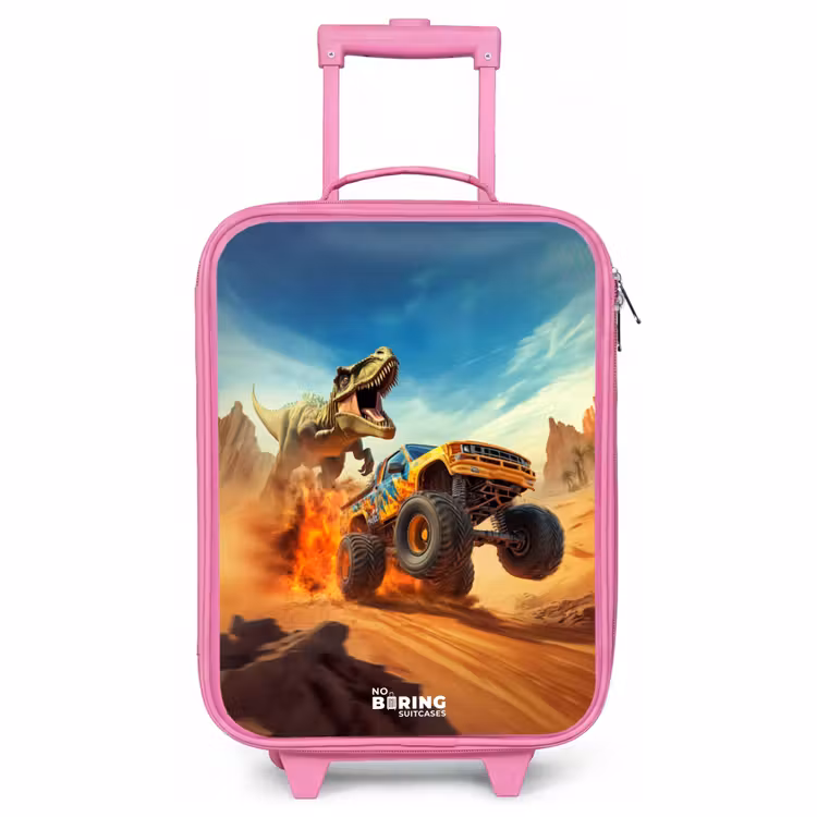 Children's suitcase - Pink - Fleeing truck for T-Rex in fiery desert — 1