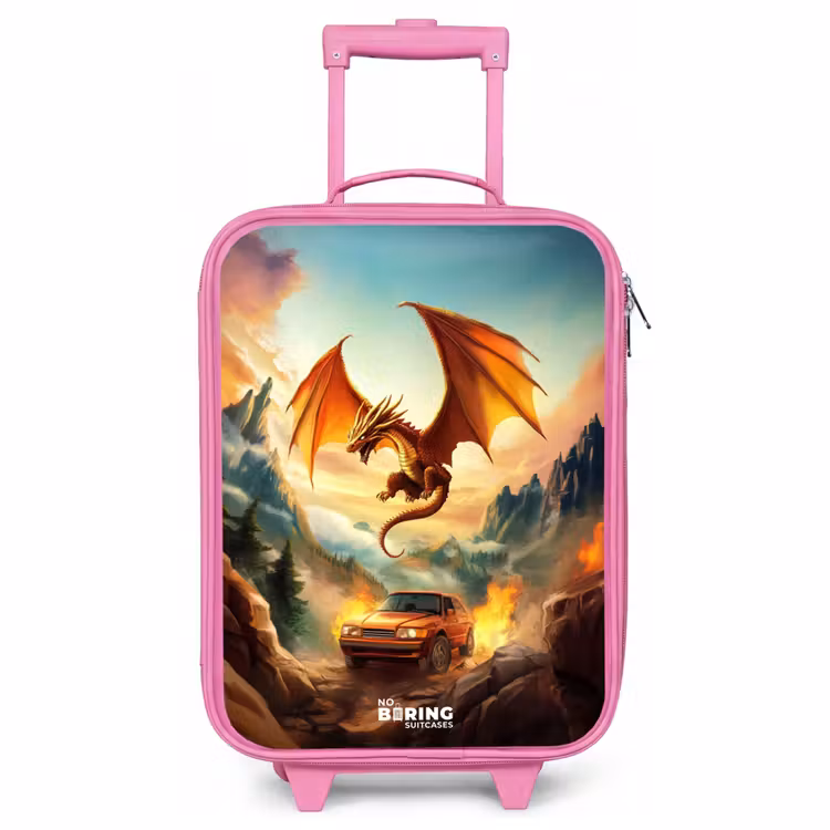 Children's suitcase - Pink - Flying dragon over fiery mountain road — 1