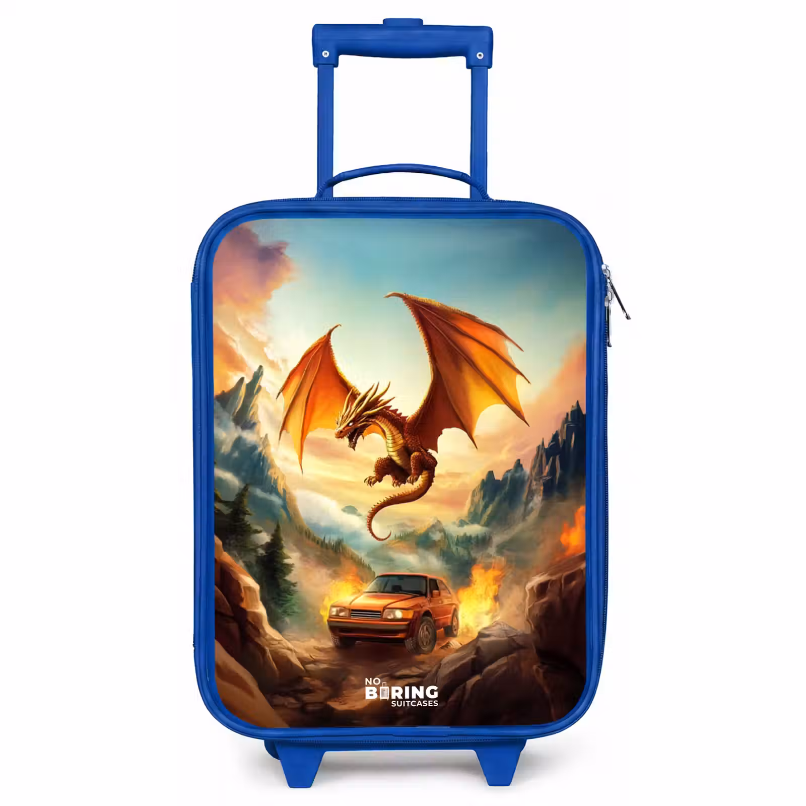 Children's suitcase - Blue - Flying dragon over fiery mountain road — 1