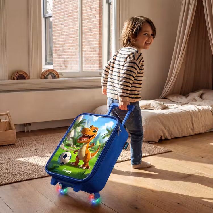 Children's suitcase - Blue - Dino with a soccer in green landscape — 2