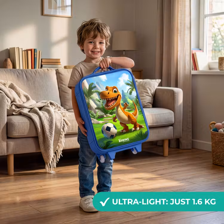 Children's suitcase - Blue - Dino with a soccer in green landscape — 3