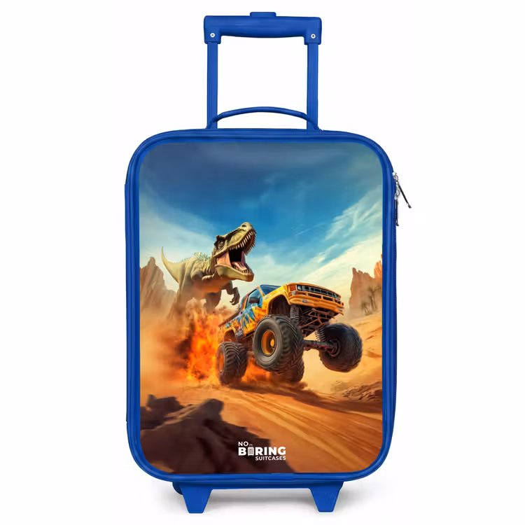 Children's suitcase - Blue - Fleeing truck for T-Rex in fiery desert — 1