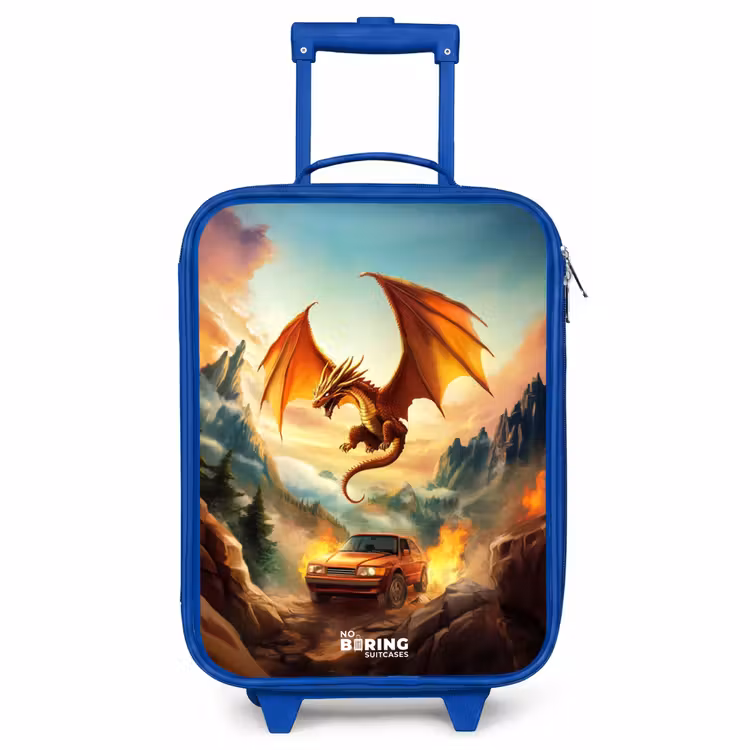 Children's suitcase - Blue - Flying dragon over fiery mountain road — 1