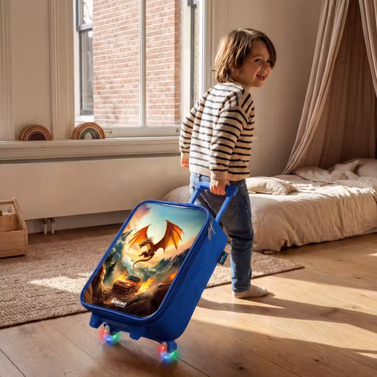 Children's suitcase - Blue - Flying dragon over fiery mountain road — 2