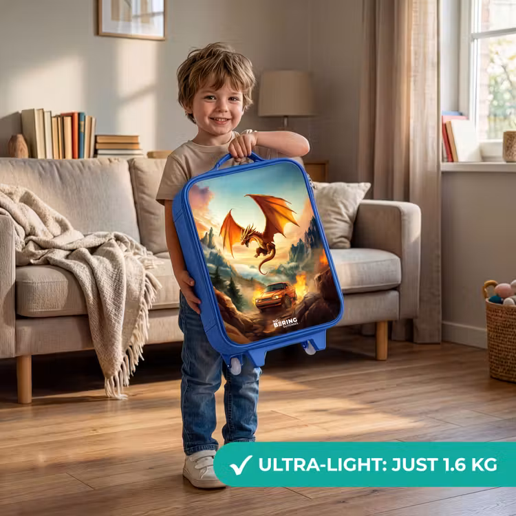 Children's suitcase - Blue - Flying dragon over fiery mountain road — 3