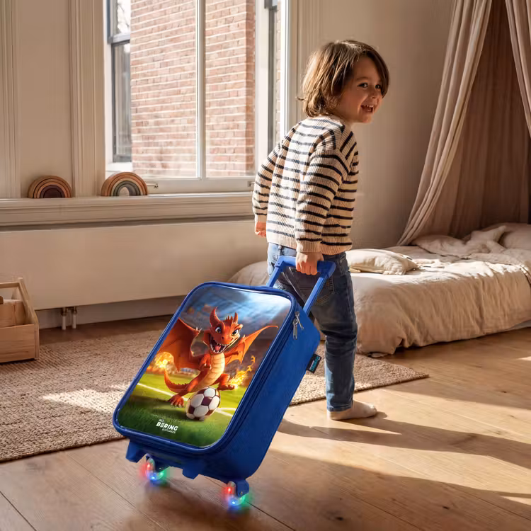Children's suitcase - Blue - Red dragon plays soccer in sunny stadium — 2