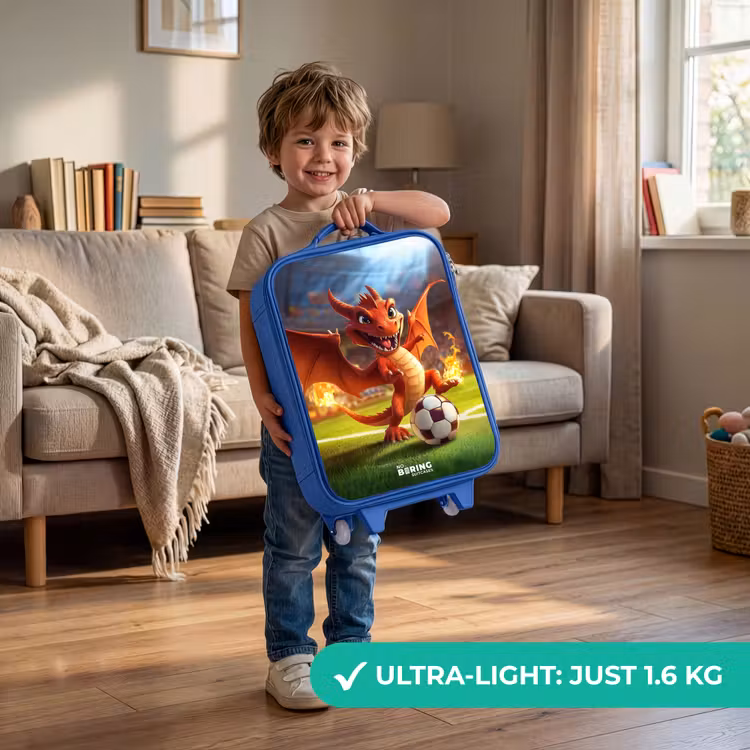 Children's suitcase - Blue - Red dragon plays soccer in sunny stadium — 3