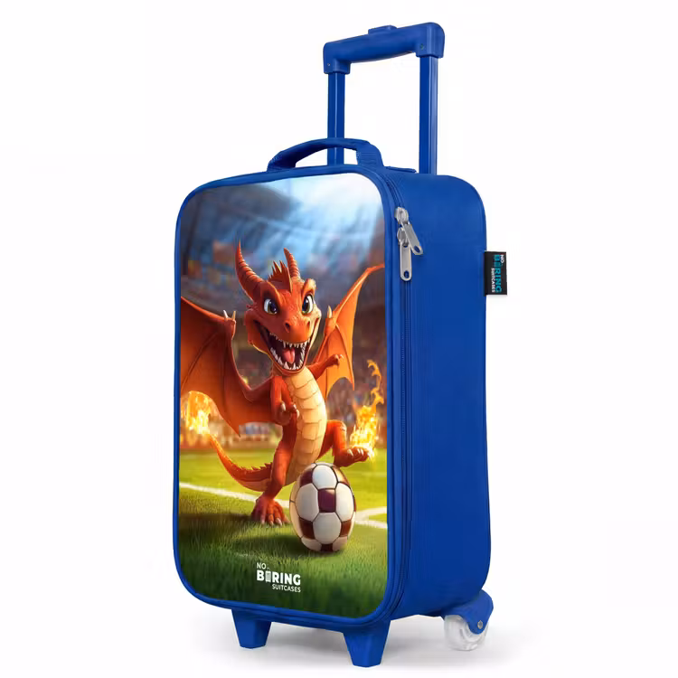 Children's suitcase - Blue - Red dragon plays soccer in sunny stadium — 5