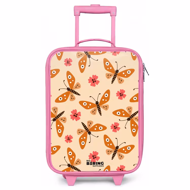 Children's suitcase - Pink - Orange butterflies and pink flowers on beige background — 1