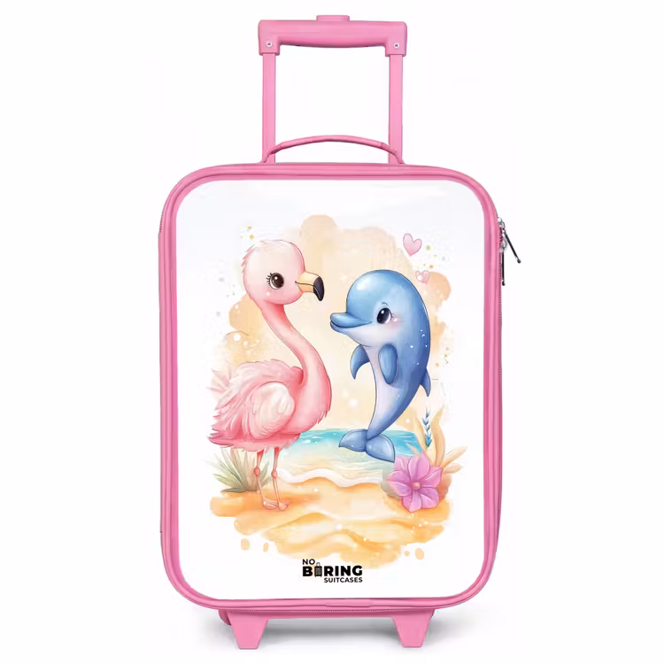 Children's suitcase - Pink - Pink flamingo and blue dolphin on a beach — 1