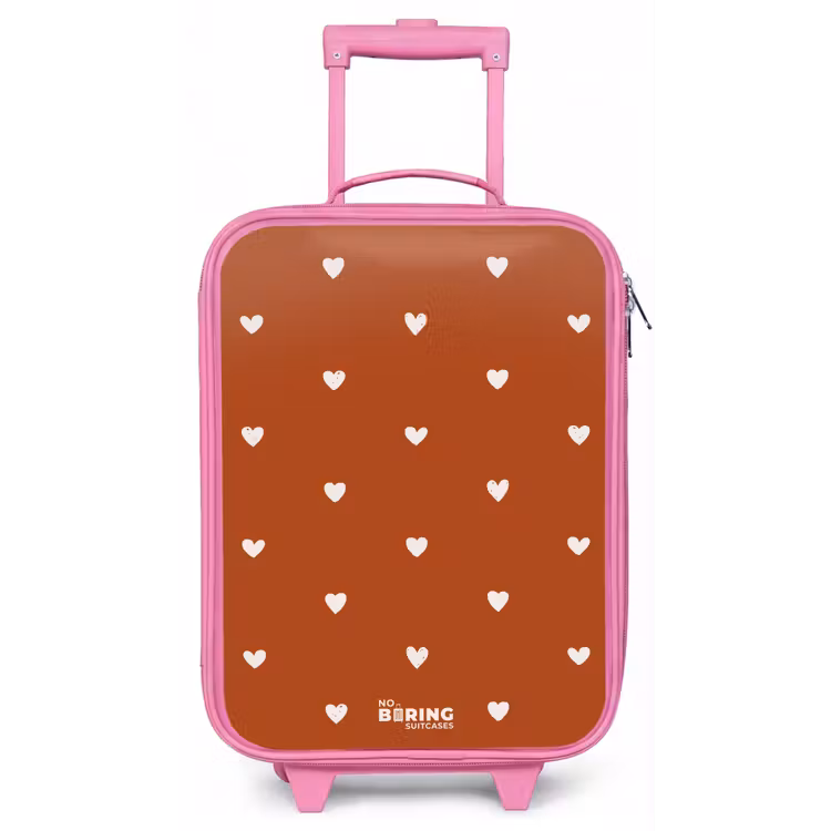 Children's suitcase - Pink - White heart pattern on orange brown background — 1