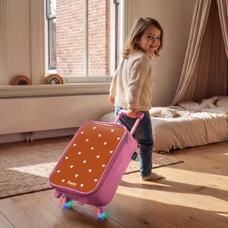 Children's suitcase - Pink - White heart pattern on orange brown background — 2