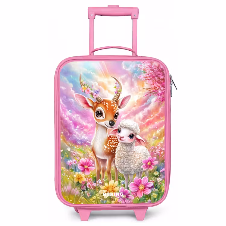 Children's suitcase - Pink - Deer with a lamb in pastel flower field — 1