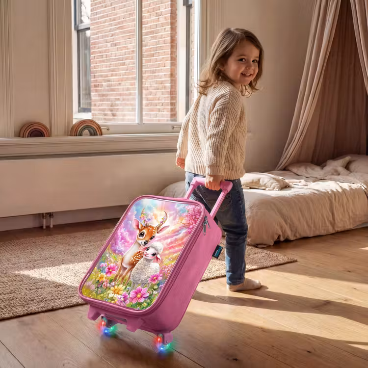 Children's suitcase - Pink - Deer with a lamb in pastel flower field — 2