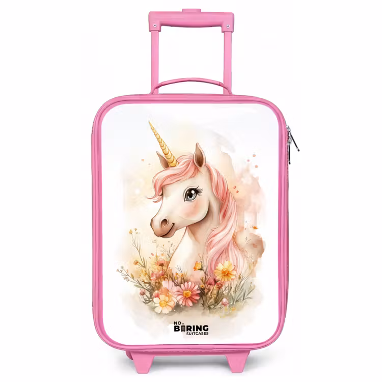 Children's suitcase - Pink - Unicorn with pink mane among pastel flowers — 1
