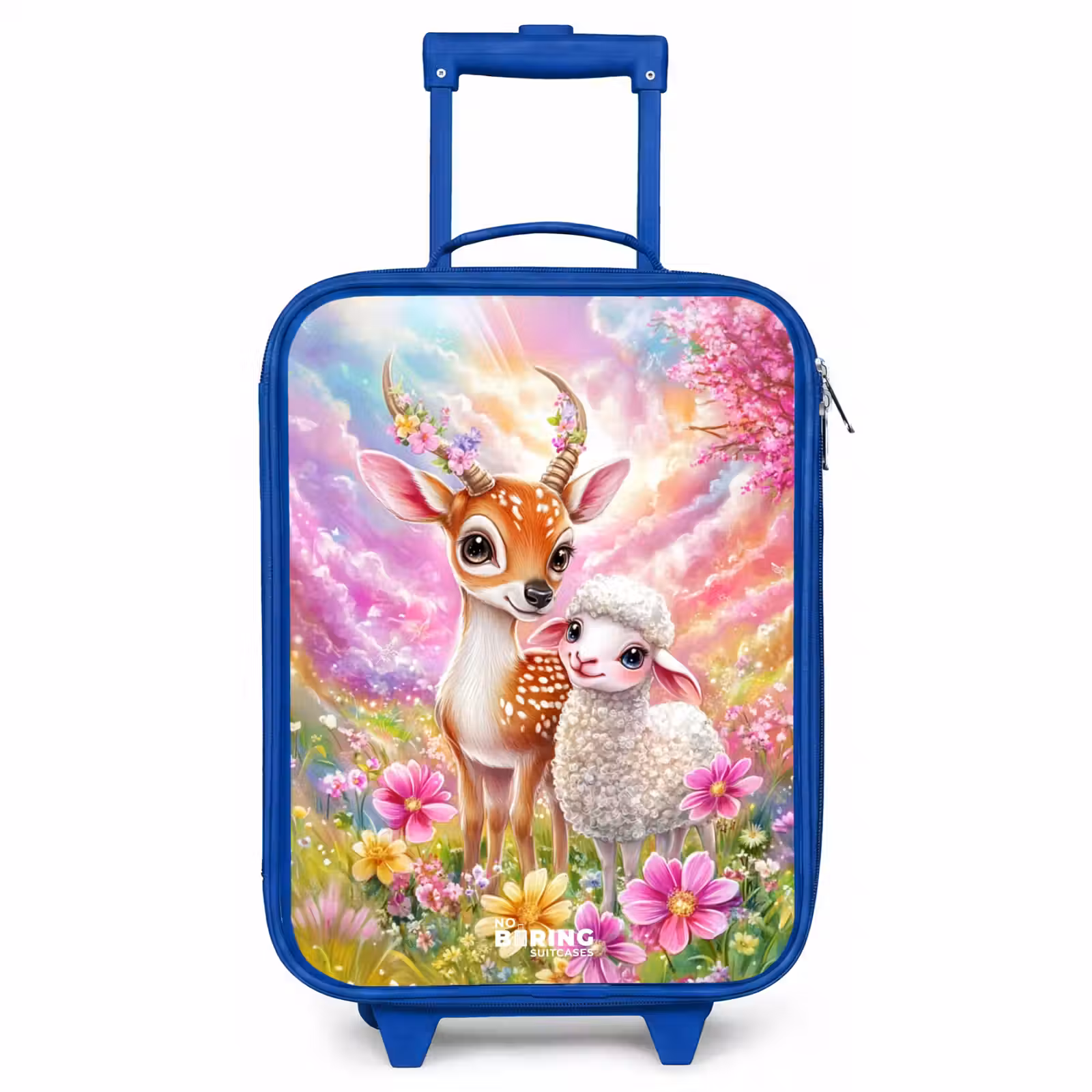 Children's suitcase - Blue - Deer with a lamb in pastel flower field — 1