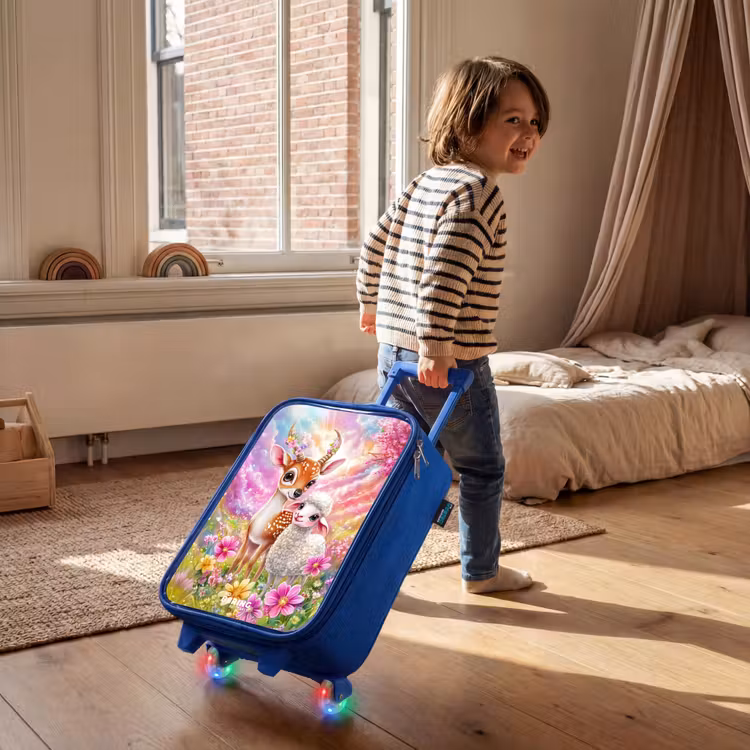 Children's suitcase - Blue - Deer with a lamb in pastel flower field — 2