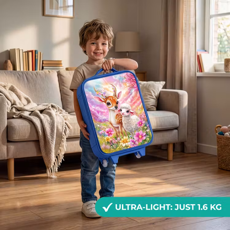 Children's suitcase - Blue - Deer with a lamb in pastel flower field — 3
