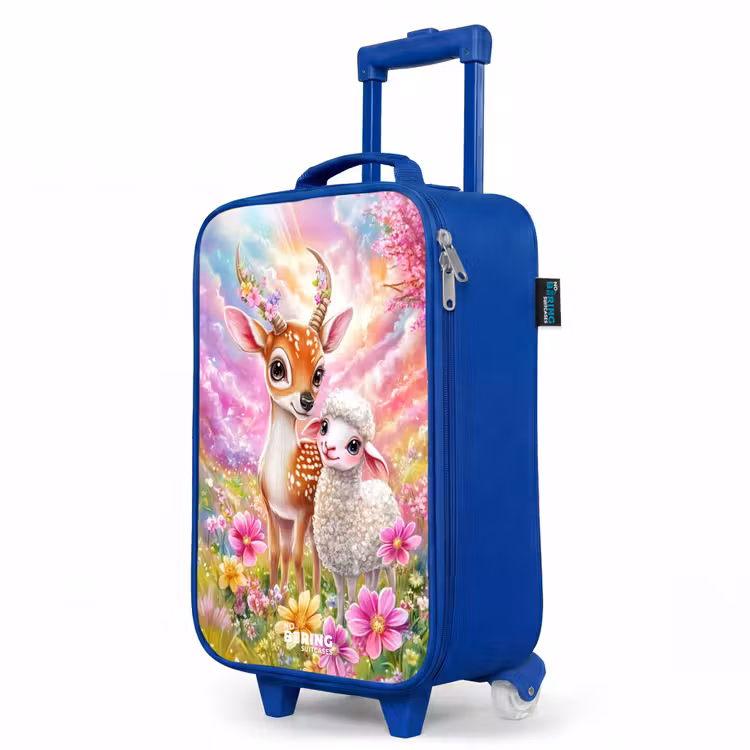 Children's suitcase - Blue - Deer with a lamb in pastel flower field — 5