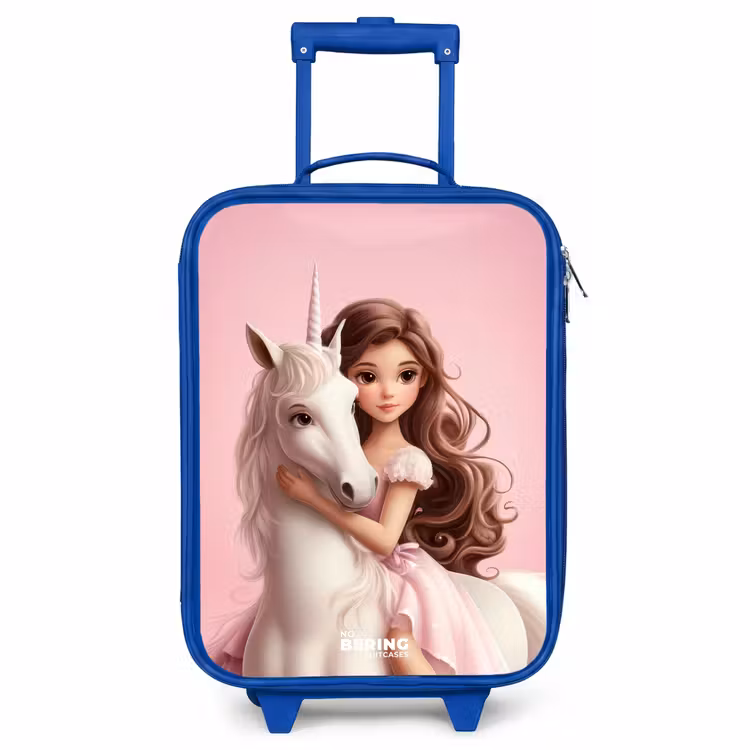 Children's suitcase - Blue - Girl with white unicorn on pink background — 1