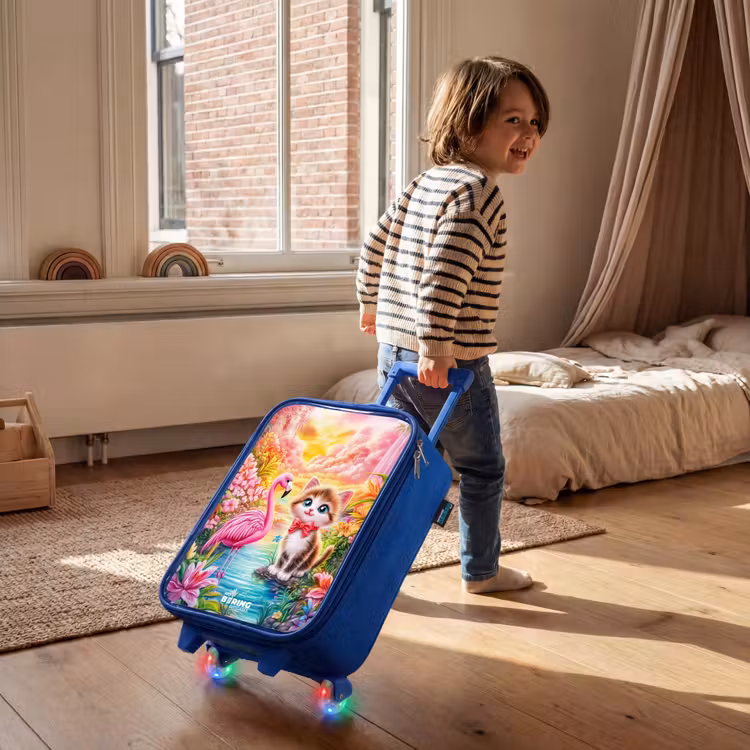 Children's suitcase - Blue - Kitten with flamingo in tropical flower paradise — 2