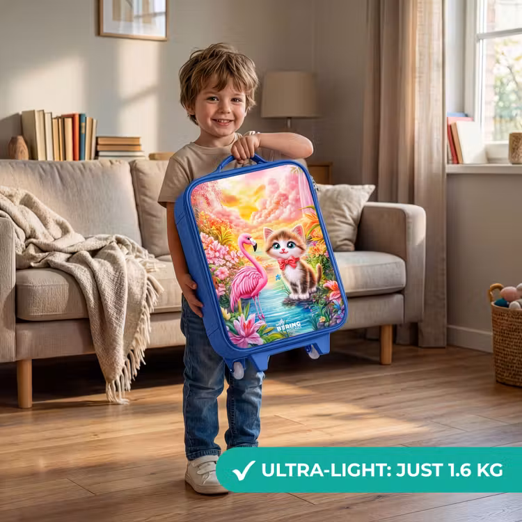 Children's suitcase - Blue - Kitten with flamingo in tropical flower paradise — 3