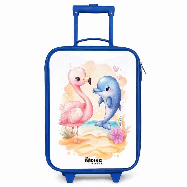 Children's suitcase - Blue - Pink flamingo and blue dolphin on a beach — 1
