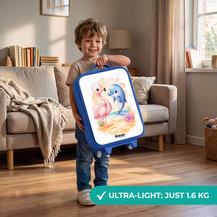 Children's suitcase - Blue - Pink flamingo and blue dolphin on a beach — 3