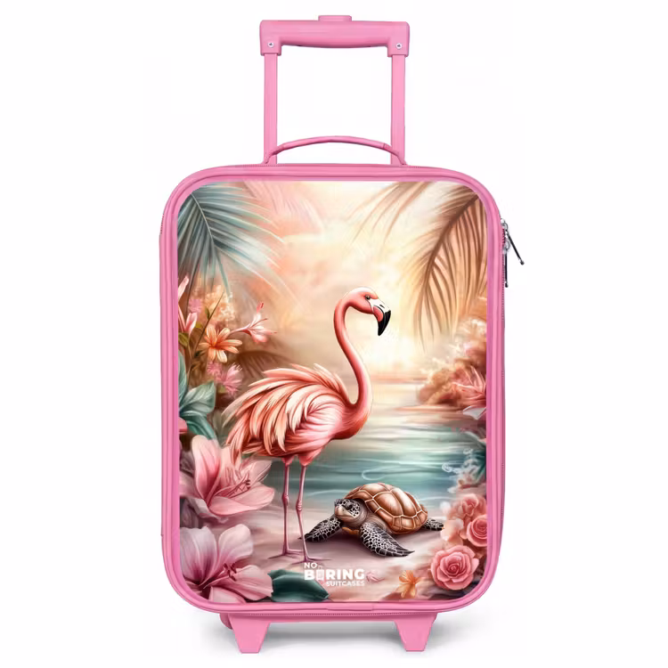 Children's suitcase - Pink - Flamingo and turtle on a pink beach. — 1
