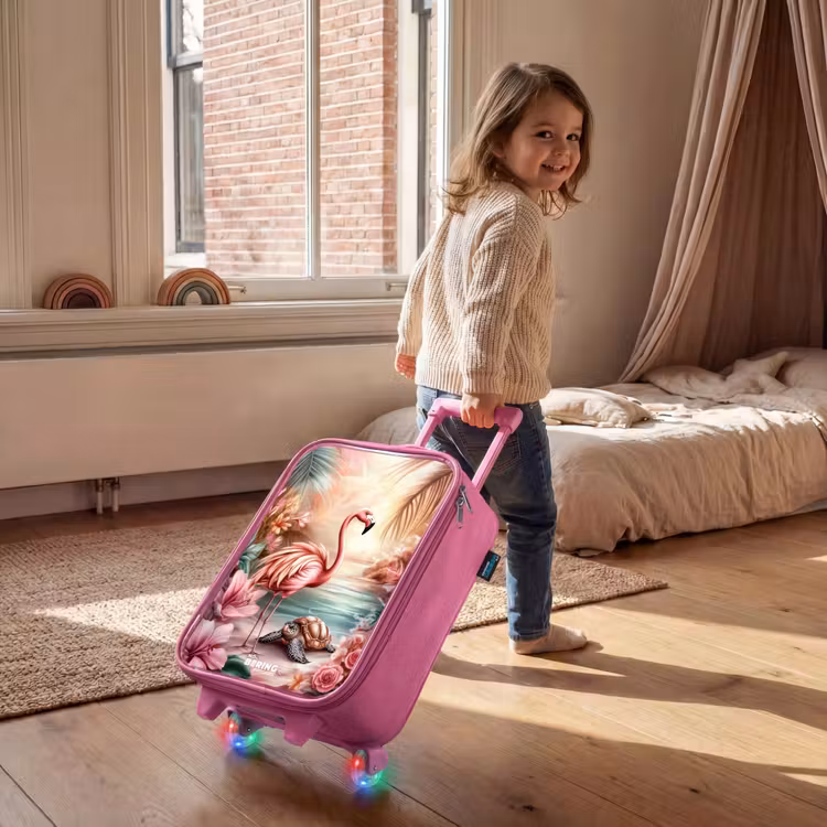Children's suitcase - Pink - Flamingo and turtle on a pink beach. — 2