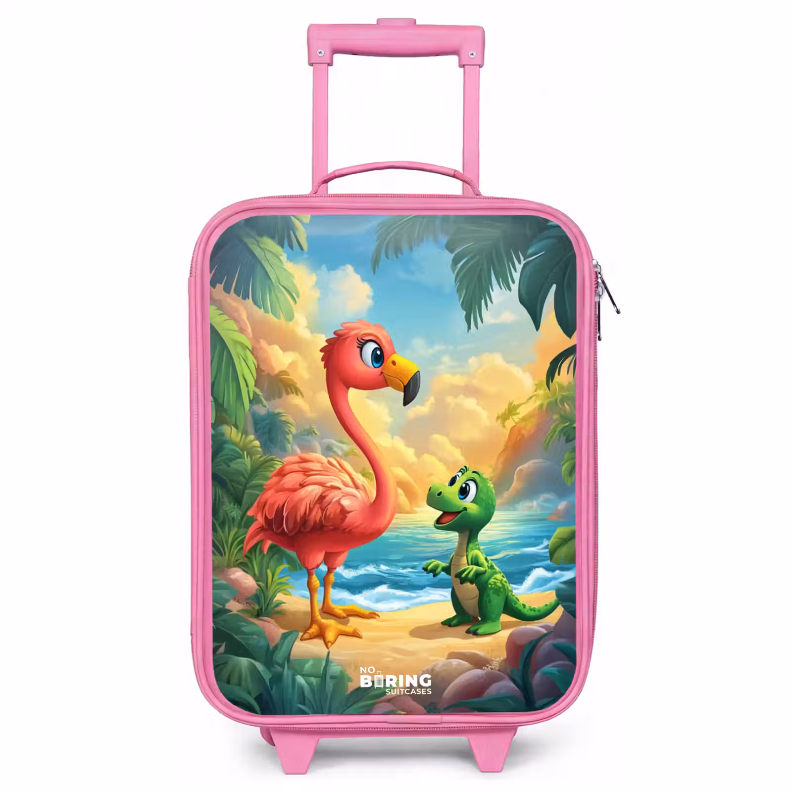 Children's suitcase - Pink - Flamingo and dinosaur on beach at sunset — 1