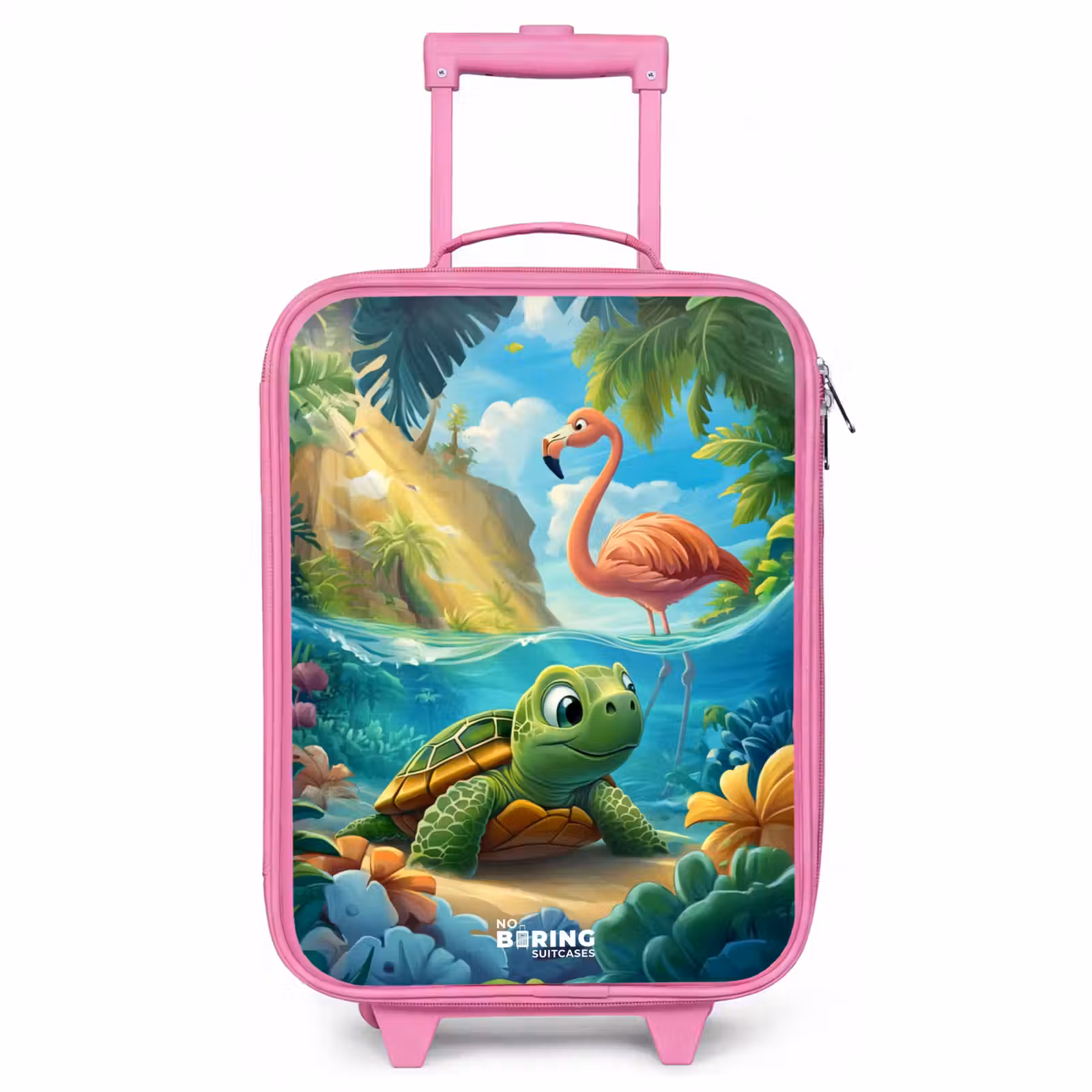Children's suitcase - Pink - Turtle in tropical water with flamingo — 1