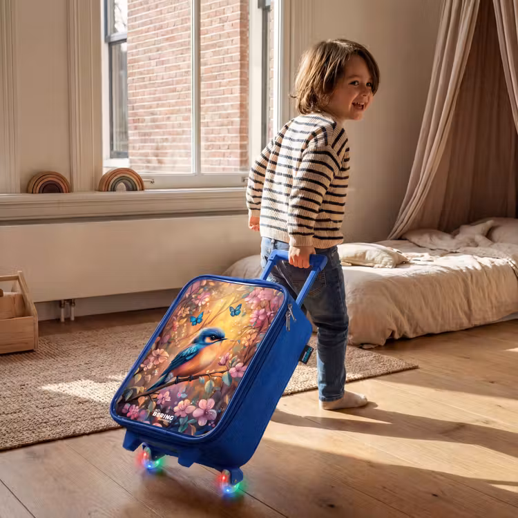 Children's suitcase - Blue - Bird with butterflies in colorful forest. — 2