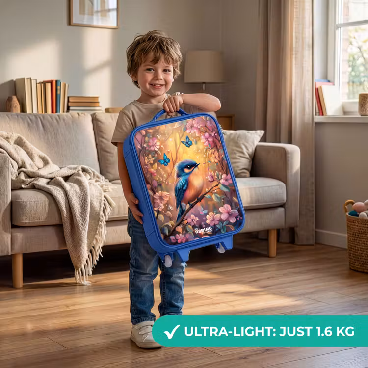 Children's suitcase - Blue - Bird with butterflies in colorful forest. — 3