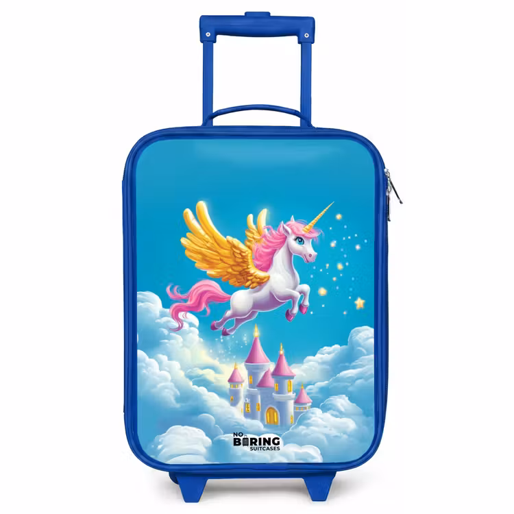 Children's suitcase - Blue - Flying unicorn with golden wings above castle — 1