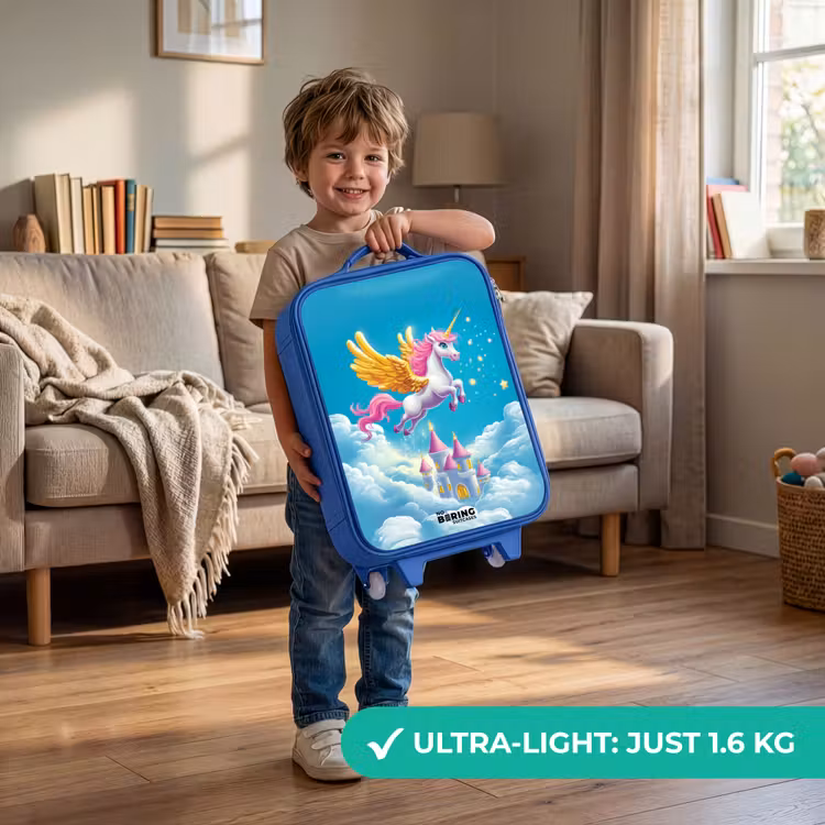 Children's suitcase - Blue - Flying unicorn with golden wings above castle — 3