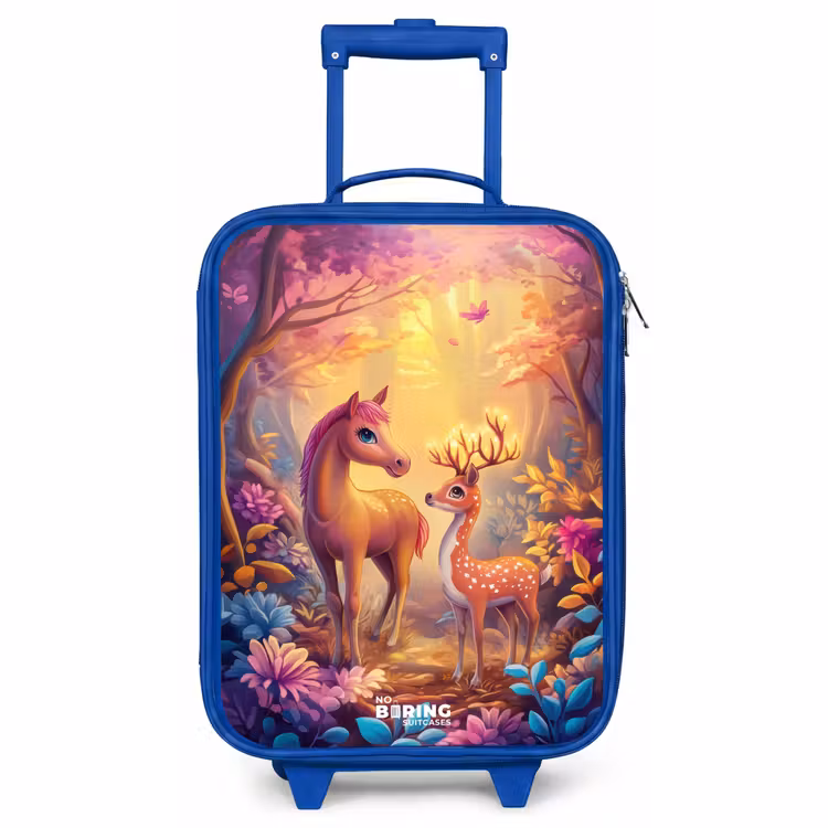 Children's suitcase - Blue - Horse and deer in a pink fairy tale forest — 1