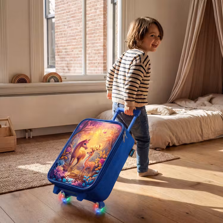 Children's suitcase - Blue - Horse and deer in a pink fairy tale forest — 2